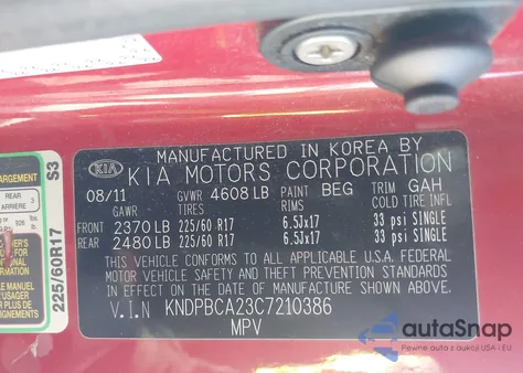 2012 Kia Sportage Lx z USA, uszkodzony, nr VIN KNDPBCA23C7210386